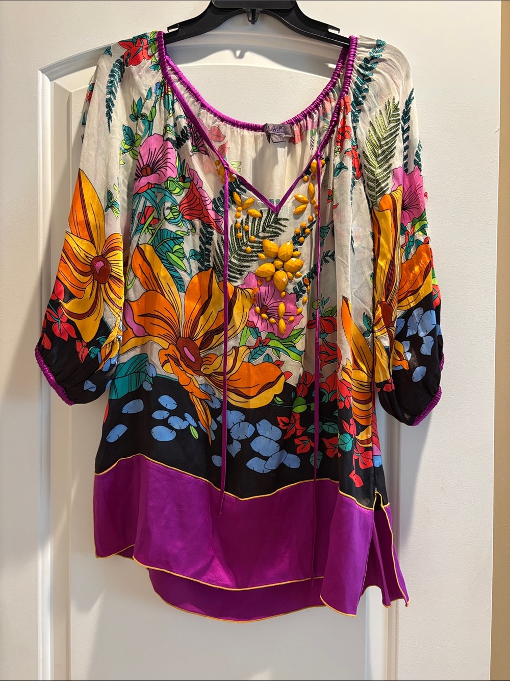 Hale Bob Multicolor Floral Beaded Oversized Peasant Tunic Silk Top Medium